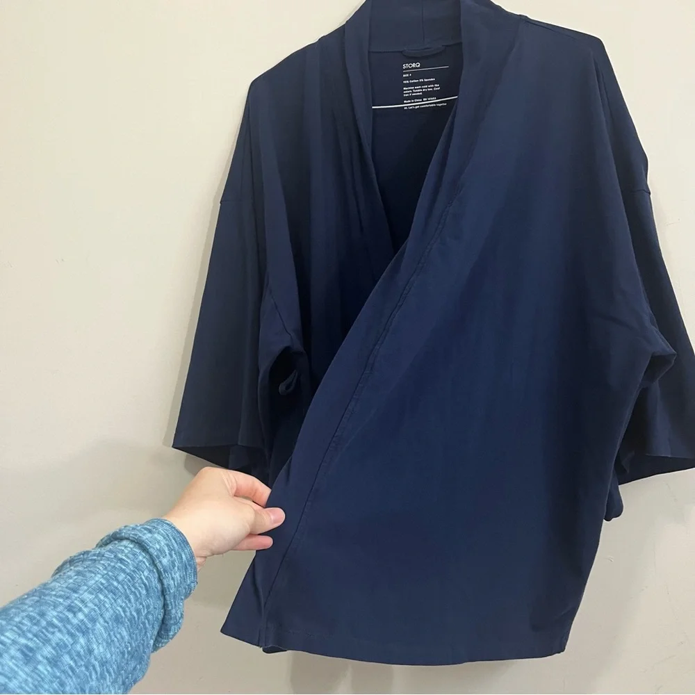 Storq Kimono Cardigan Maternity Sz 4 4X Navy Open Front Nursing Lounge (No Belt)